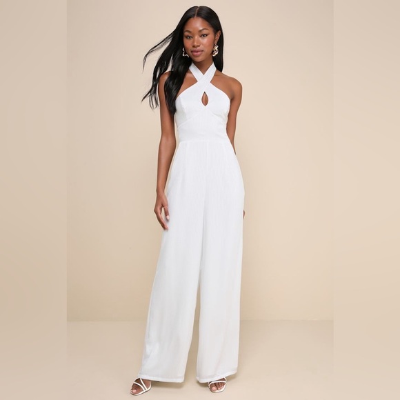 LULU’S Constantly Copied White Satin Cross-Front Halter Jumpsuit - Picture 5 of 6